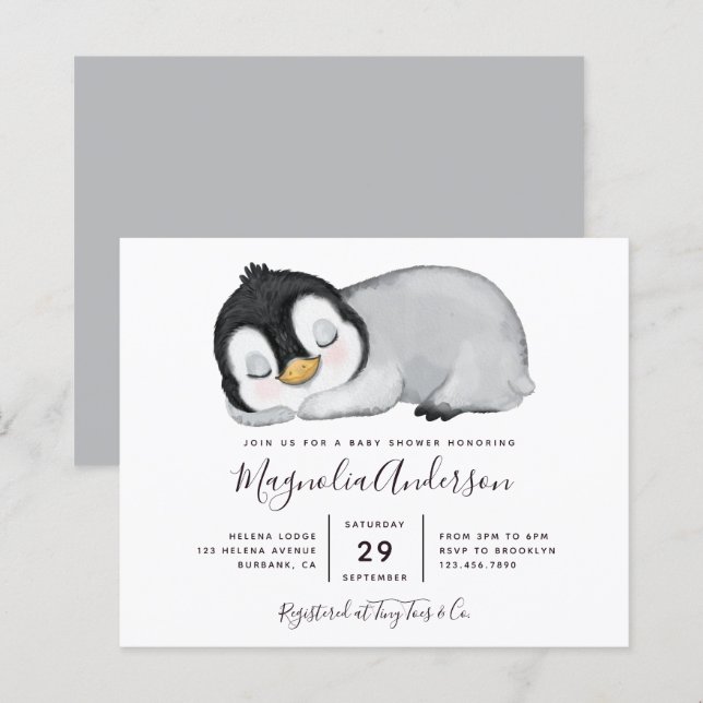Papier Invitation au Baby shower de pingouin mignon du bu (Devant / Derrière)