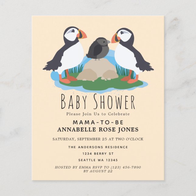 Papier Invitation au Baby shower de Puffin Cute Budget (Devant)