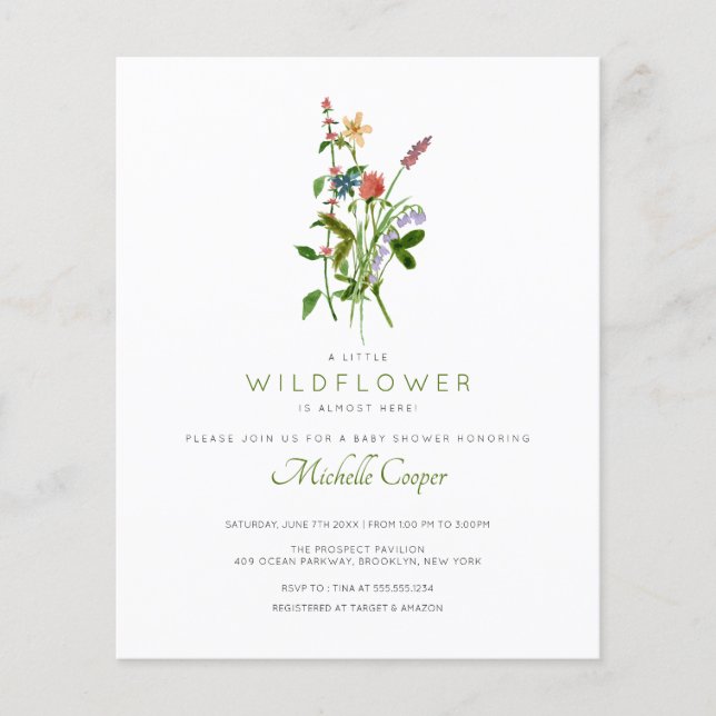 Papier Invitation au Baby shower du Fleur sauvage budgéta (Devant)