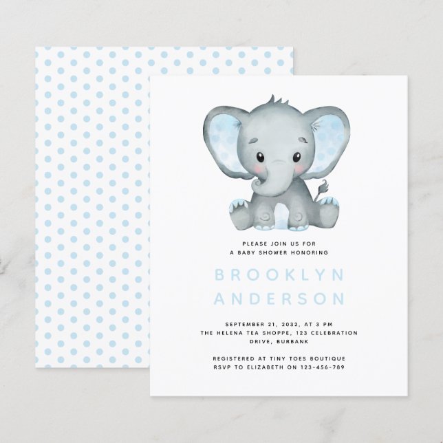 Papier Invitation au Baby shower du garçon éléphant BUDGE (Devant / Derrière)