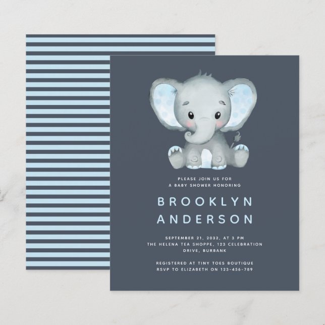 Papier Invitation au Baby shower du garçon éléphant BUDGE (Devant / Derrière)