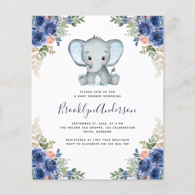 Papier Invitation au Baby shower du garçon éléphant BUDGE (Devant)