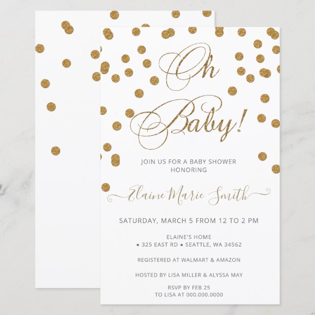 Papier Invitation au baby shower en or blanc budget (Devant / Derrière)