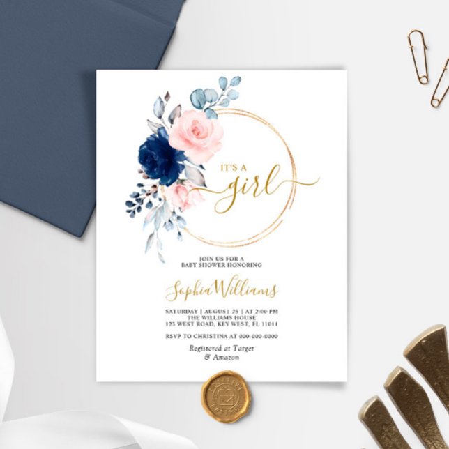 Papier Invitation au Baby shower floral rose et marine Bu (Créateur téléchargé)