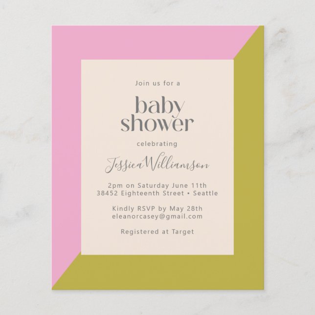 Papier Invitation au Baby shower frontalier vert rose Bud (Devant)