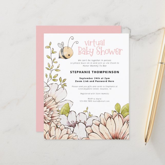 Papier Invitation au Baby shower virtuel Bumblebee Budget (Devant/Arrière en situation)