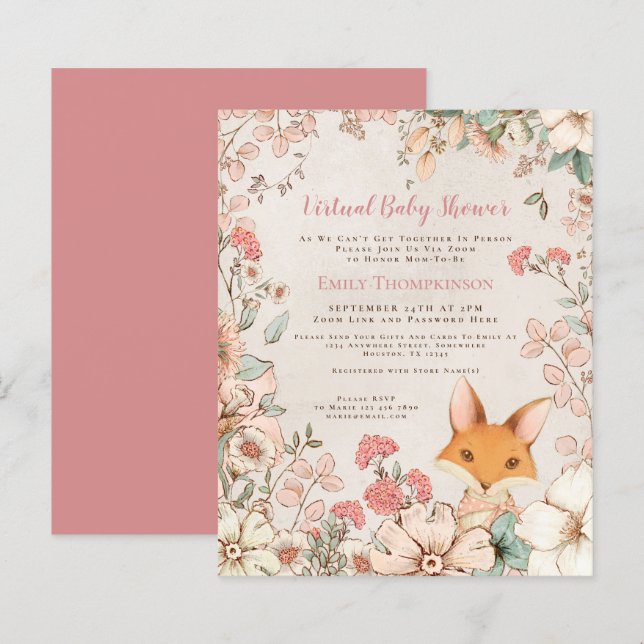 Papier Invitation au Baby shower virtuel de la fille Fox  (Devant / Derrière)