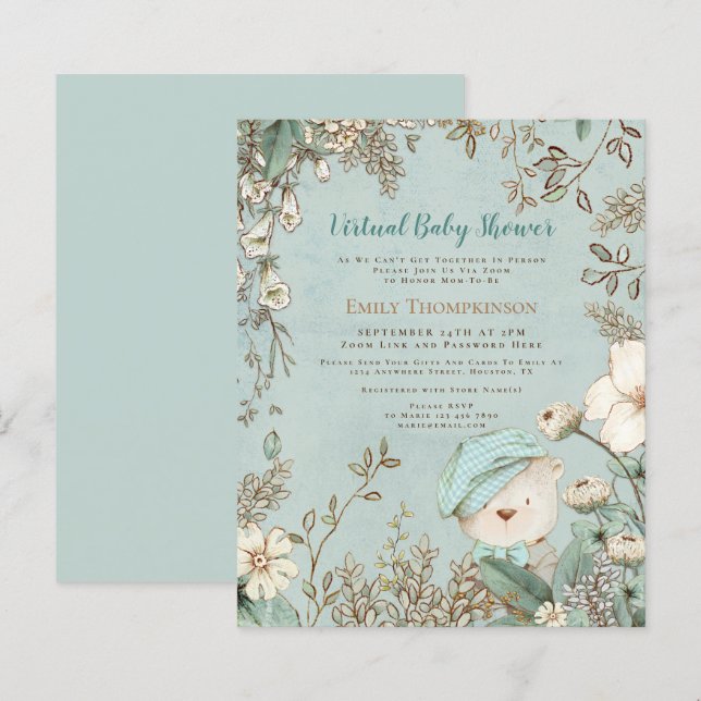 Papier Invitation au Baby shower virtuel de l'ours budget (Devant / Derrière)