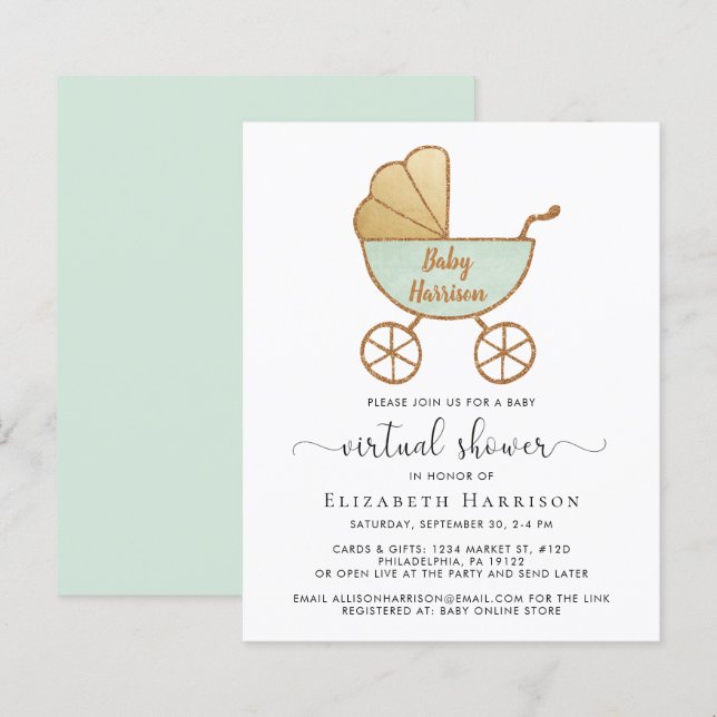Papier Invitation au Baby shower virtuel vert de la Monna (Devant / Derrière)