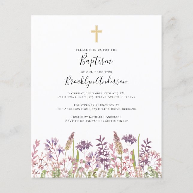 Papier Invitation au baptême du budget | Croix Fleur sauv (Devant)