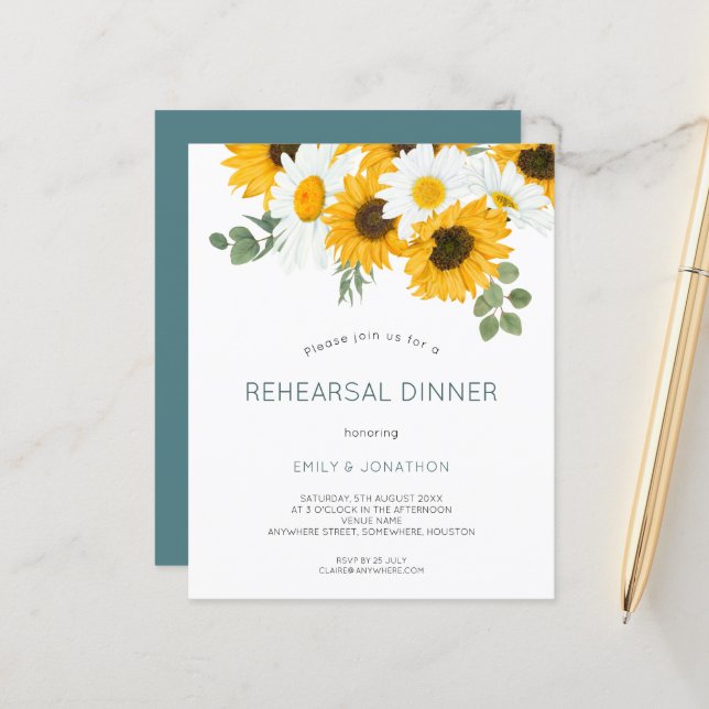 Papier Invitation au dîner de répétition des tournesols d (Devant/Arrière en situation)