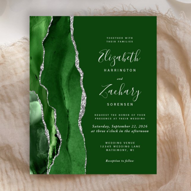 Papier Invitation au mariage argent de Hunter Green Agate (Créateur téléchargé)