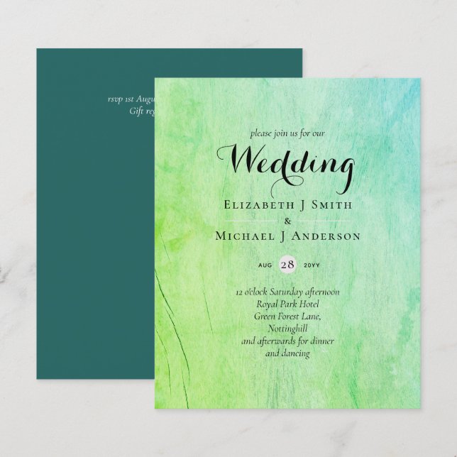 Papier Invitation au mariage vert Turquoise BUDGET (Devant / Derrière)