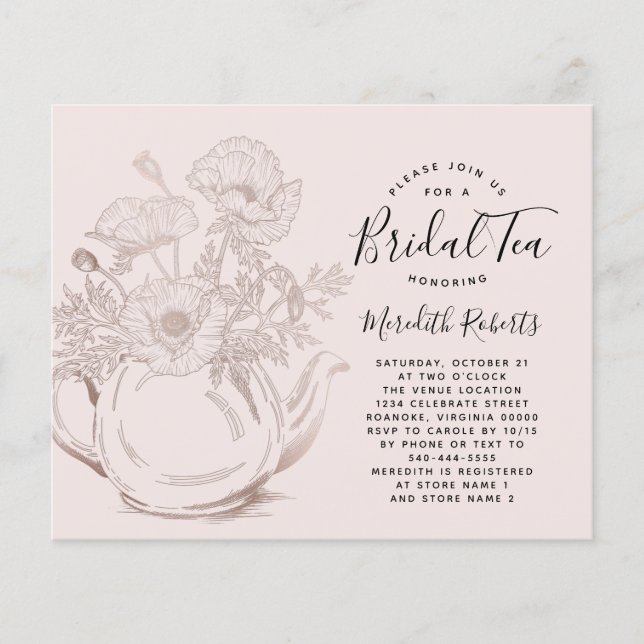 Papier Invitation au thé nuptiale pour théière Rose d'or  (Devant)