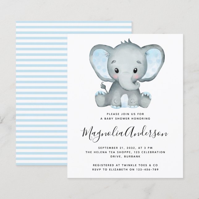 Papier Invitation Baby shower Blue Elephant BUDGET (Devant / Derrière)