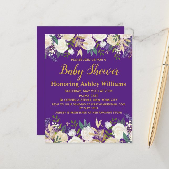 Papier Invitation Baby shower Budget Purple Gold Spring (Devant/Arrière en situation)