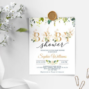 Papier Invitation Baby shower Budget White & Gold Eucalyp