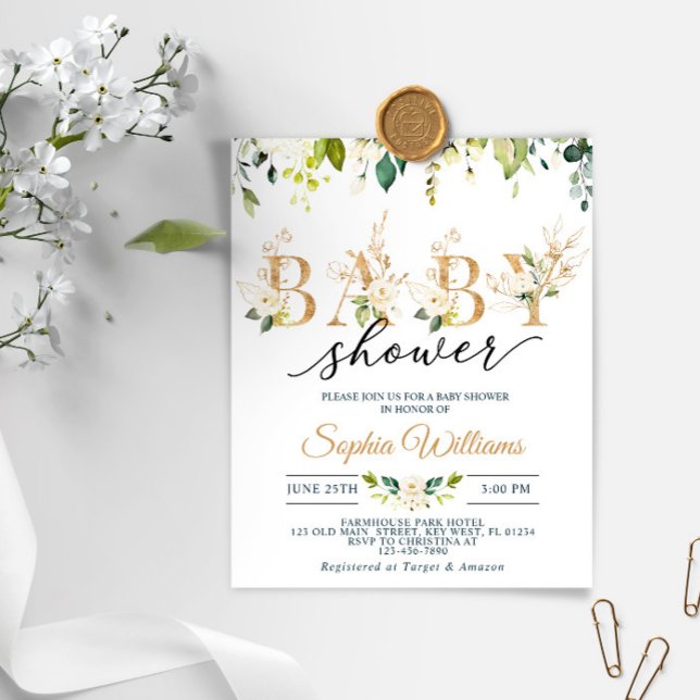 Papier Invitation Baby shower Budget White & Gold Eucalyp (Créateur téléchargé)