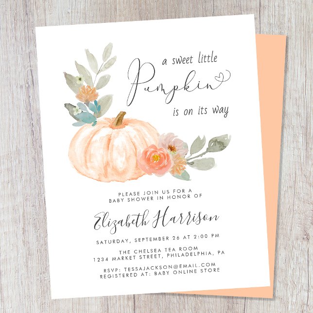 Papier Invitation Baby shower d'aquarelle petit Citrouill (Celebrate the upcoming arrival of your sweet little autumn baby with a pumpkin-themed baby shower)