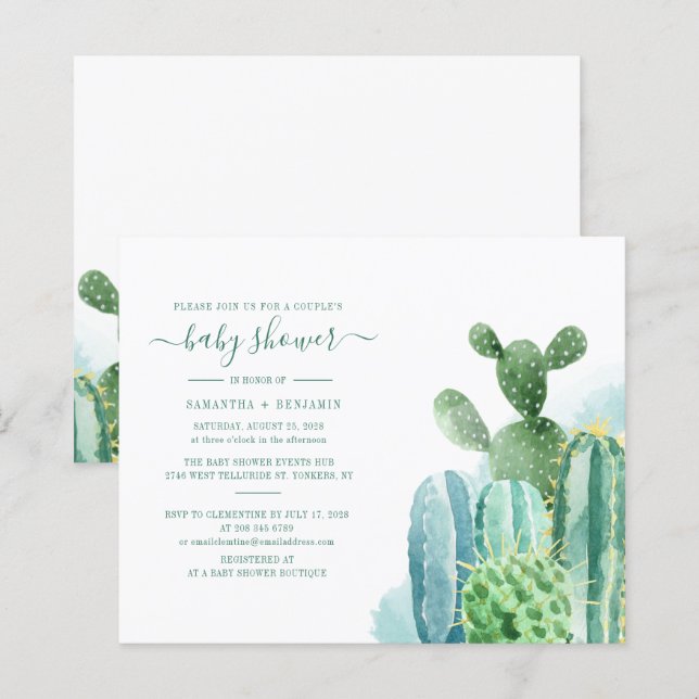 Papier Invitation Baby shower de Cactus aquarelle Couples (Devant / Derrière)
