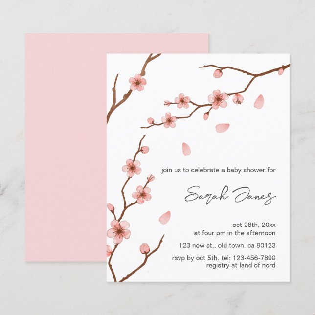 Papier Invitation Baby shower de fleurs de cerisier rose  (Devant / Derrière)