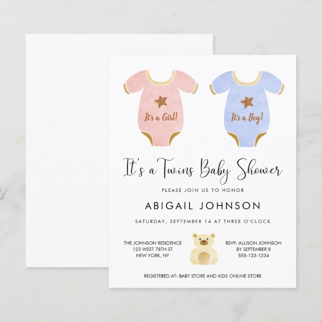 Papier Invitation Baby shower de jumelles budget (Devant / Derrière)