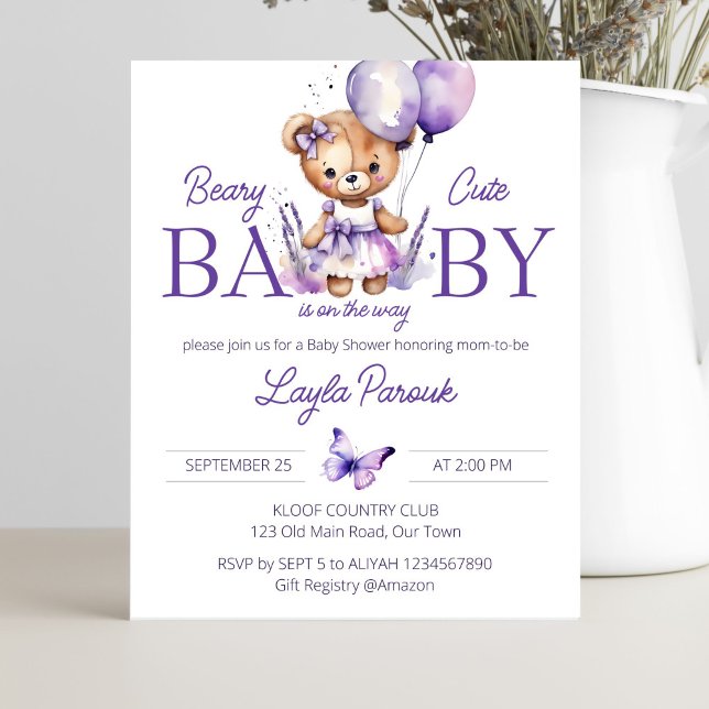 Papier Invitation baby shower de l'ours en peluche violet (Purple lavender teddy bear girl baby shower budget invitation a cute teddy bear with balloons)