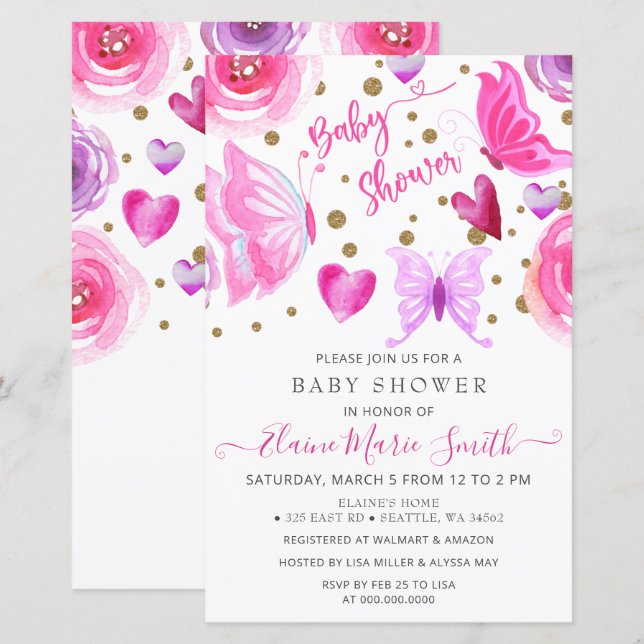 Papier Invitation Baby shower de papillons violets Budget (Devant / Derrière)