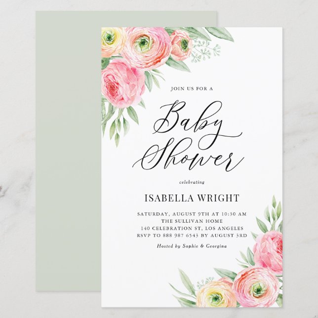 Papier Invitation Baby shower de printemps rose Ranunculu (Devant / Derrière)