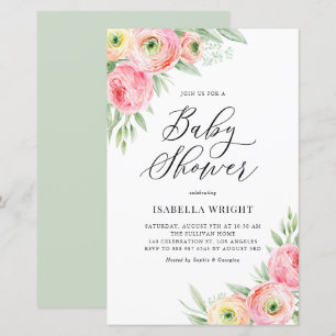Papier Invitation Baby shower de printemps rose Ranunculu