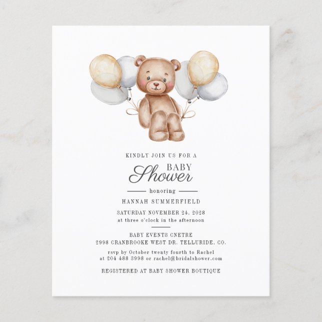Papier Invitation Baby shower de script de ballons d'ours (Devant)