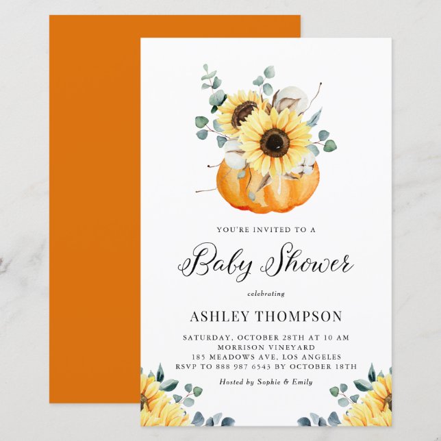 Papier Invitation Baby shower de tournesol Citrouille rus (Devant / Derrière)