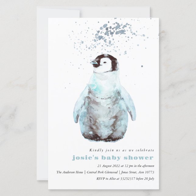 Papier Invitation Baby shower d'hiver de Pingouin d'aquar (Devant)