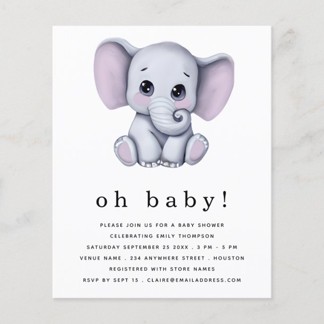 Papier Invitation Baby Shower Éléphant Budget Genre Neutr (Devant)