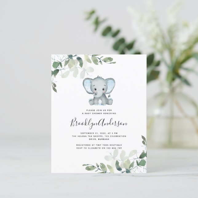 Papier Invitation Baby shower Eucalyptus Elephant BUDGET (Debout devant)