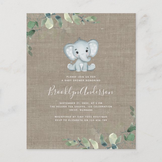 Papier Invitation Baby shower Eucalyptus Elephant BUDGET (Devant)