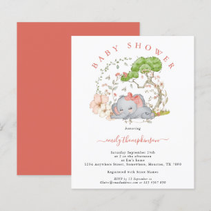 Papier Invitation Baby Shower Fille au Corail Eléphant de