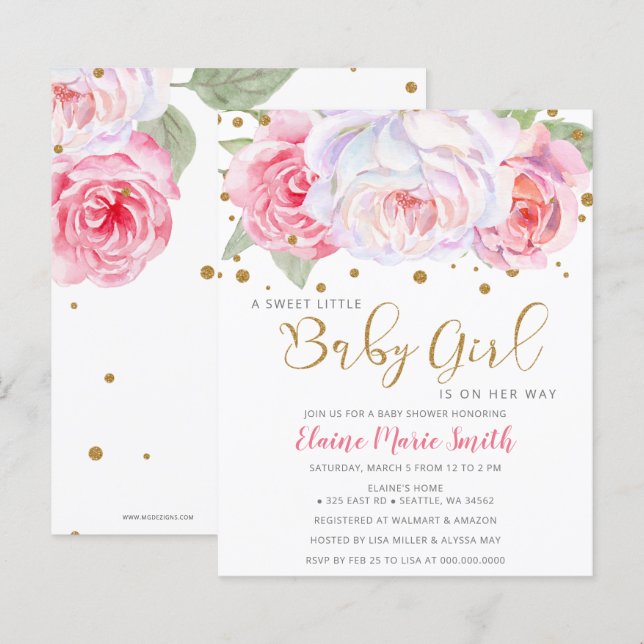 Papier Invitation Baby shower Fille Rose Budget (Devant / Derrière)