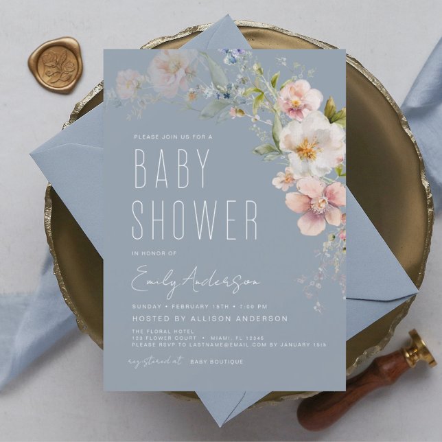 Papier Invitation Baby shower Fleur sauvage Dusty Blue Bo (Créateur téléchargé)