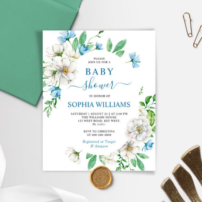 Papier Invitation Baby shower Floral Blanc & Bleu Budget (Créateur téléchargé)