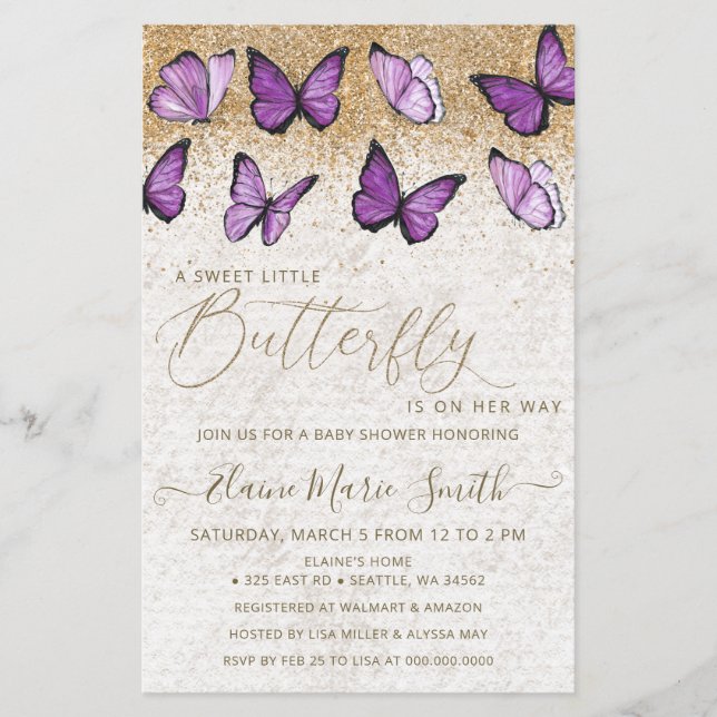 Papier Invitation Baby shower papillon violet budget (Devant)