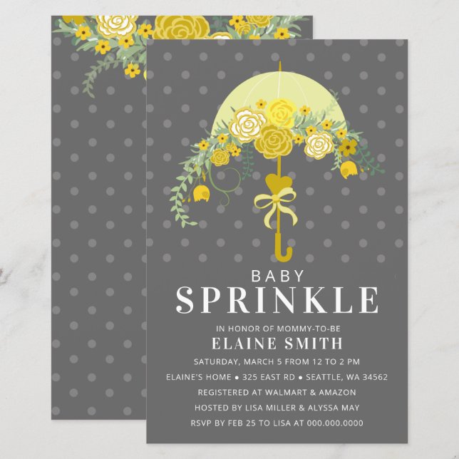 Papier Invitation Baby shower parapluie jaune Budget (Devant / Derrière)