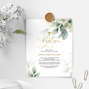 Papier Invitation Baptême d'Eucalyptus Vert et Or Budget