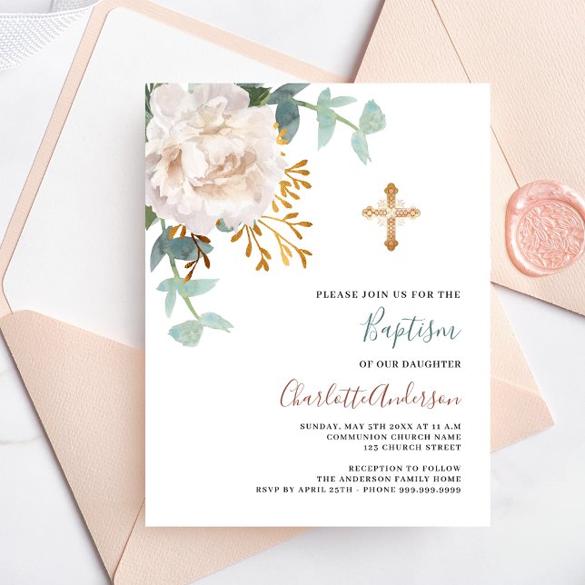 Papier Invitation baptême Floral blanc croix budget (Créateur téléchargé)