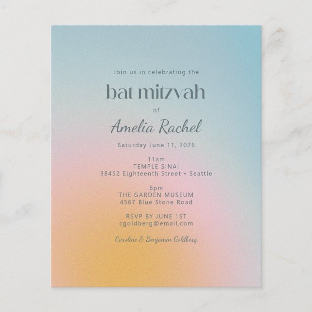 Papier Invitation Bat mitzvah de dégradé bleu Pastel Budg (Devant)