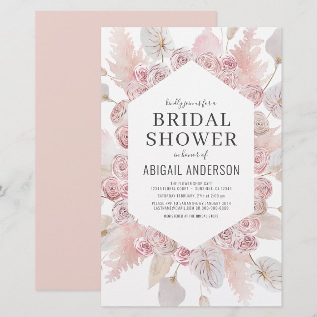 Papier Invitation Boho Blush Rose Bridal Shower Budget (Devant / Derrière)
