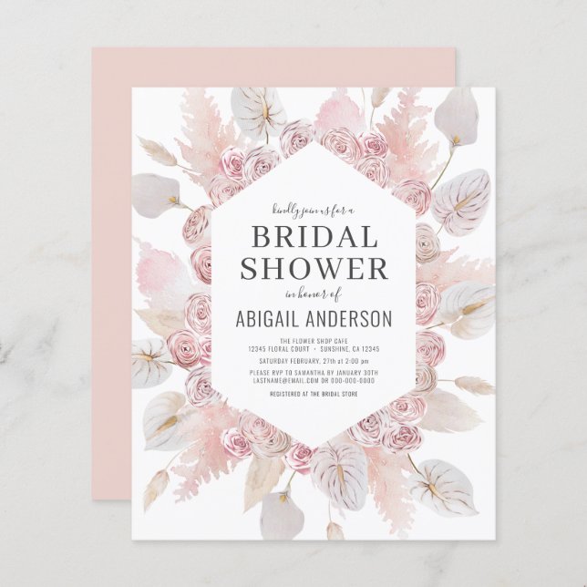 Papier Invitation Boho Blush Rose Bridal Shower Budget (Devant / Derrière)