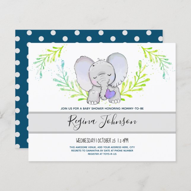 Papier Invitation Budget Baby shower Elephant (Devant / Derrière)
