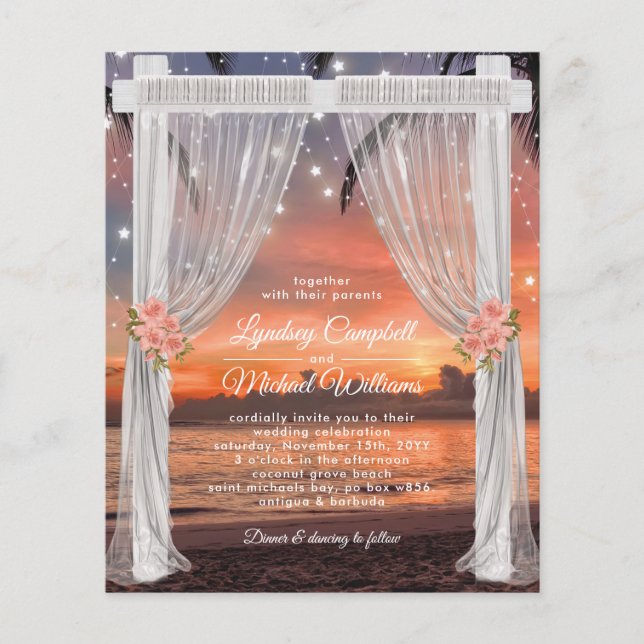 Papier Invitation Budget Beach Sunset Mariage Arch (Devant)