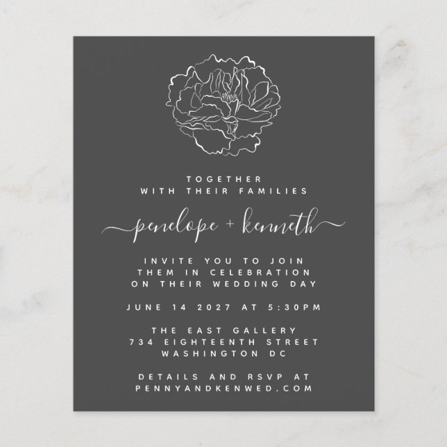 Papier Invitation Budget Black White Minimal Floral Weddi (Devant)